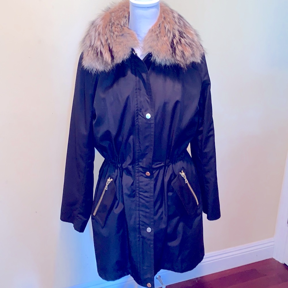 Trina Turk Black Winter Coat With Removable Faux Fur Vest Real Fur Collar